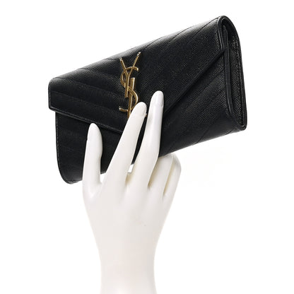 Saint Laurent Grain De Poudre Matelasse Chevron Monogram Flap Wallet Black 2 of 7