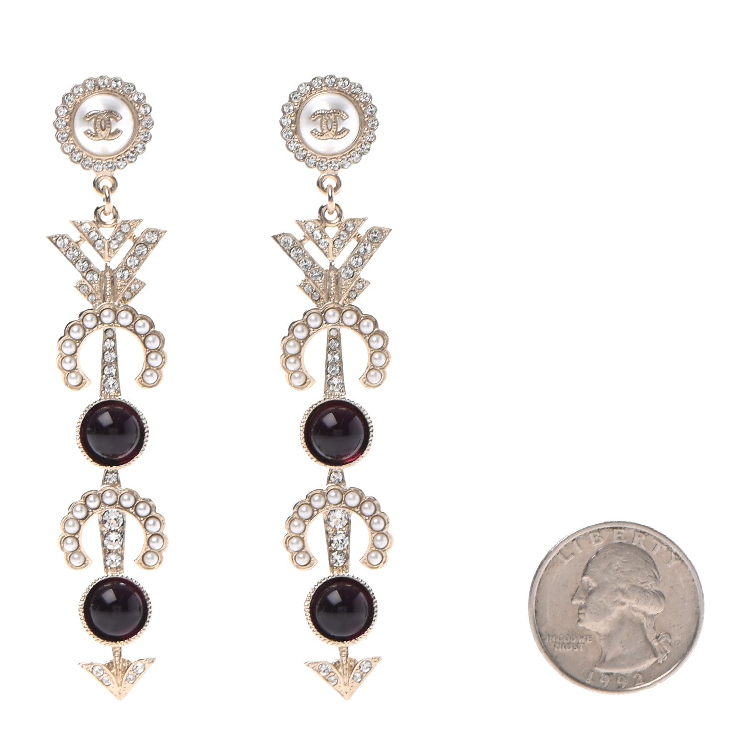 Chanel Pearl Crystal Queen of France CC Drop Earrings Gold 2 of 4