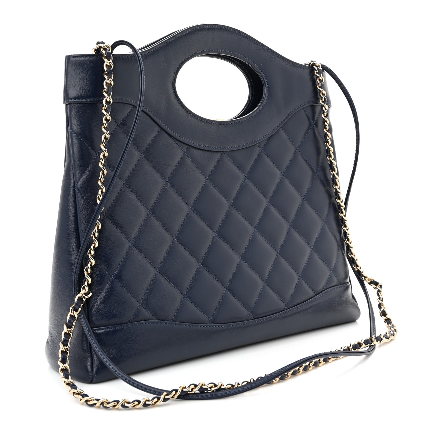 Shiny Lambskin Quilted Small 31 Shopping Bag Blue