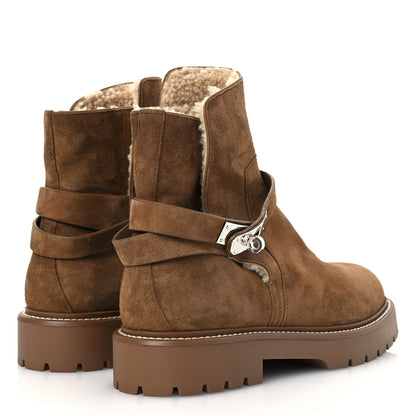 Hermes Suede Goatskin Shearling Womens Jeff Ankle Boots 41 Brun Fume Ecru 5 of 11