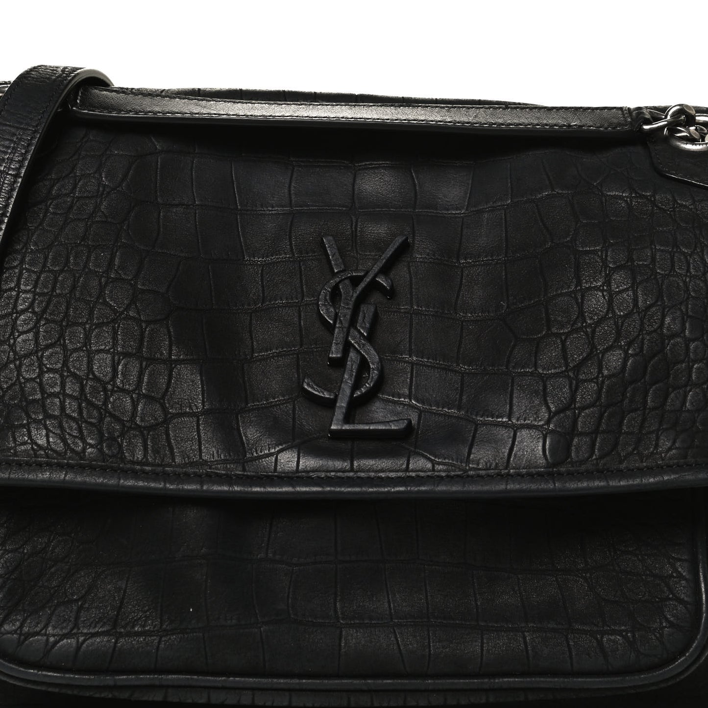Nubuck Crocodile Embossed Monogram Medium Niki Chain Satchel Black