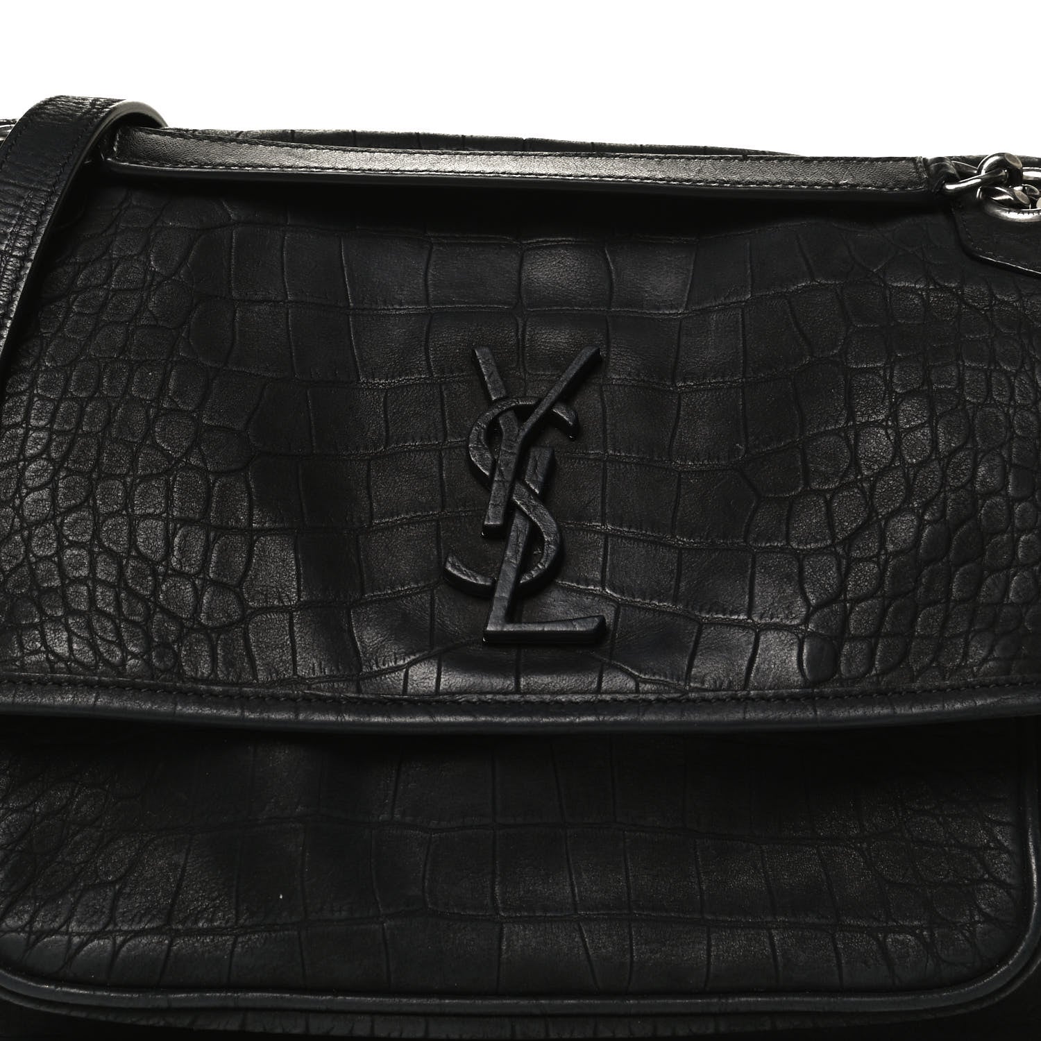 Saint Laurent Nubuck Crocodile Embossed Monogram Medium Niki Chain Satchel Black 8 of 10