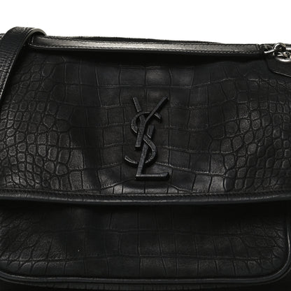 Saint Laurent Nubuck Crocodile Embossed Monogram Medium Niki Chain Satchel Black 8 of 10