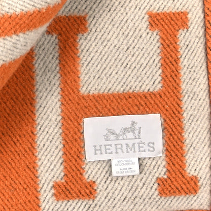 Hermes Wool Cashmere Signature Classic Avalon Blanket Ecru Potiron 3 of 3