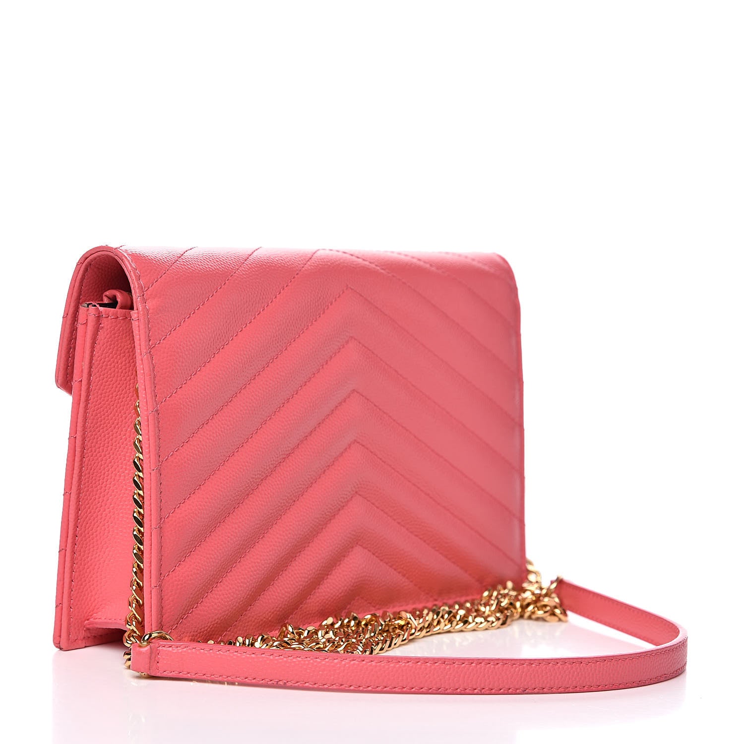Saint Laurent Grain De Poudre Matelasse Chevron Monogram Envelope Chain Wallet Rose Clair 3 of 10