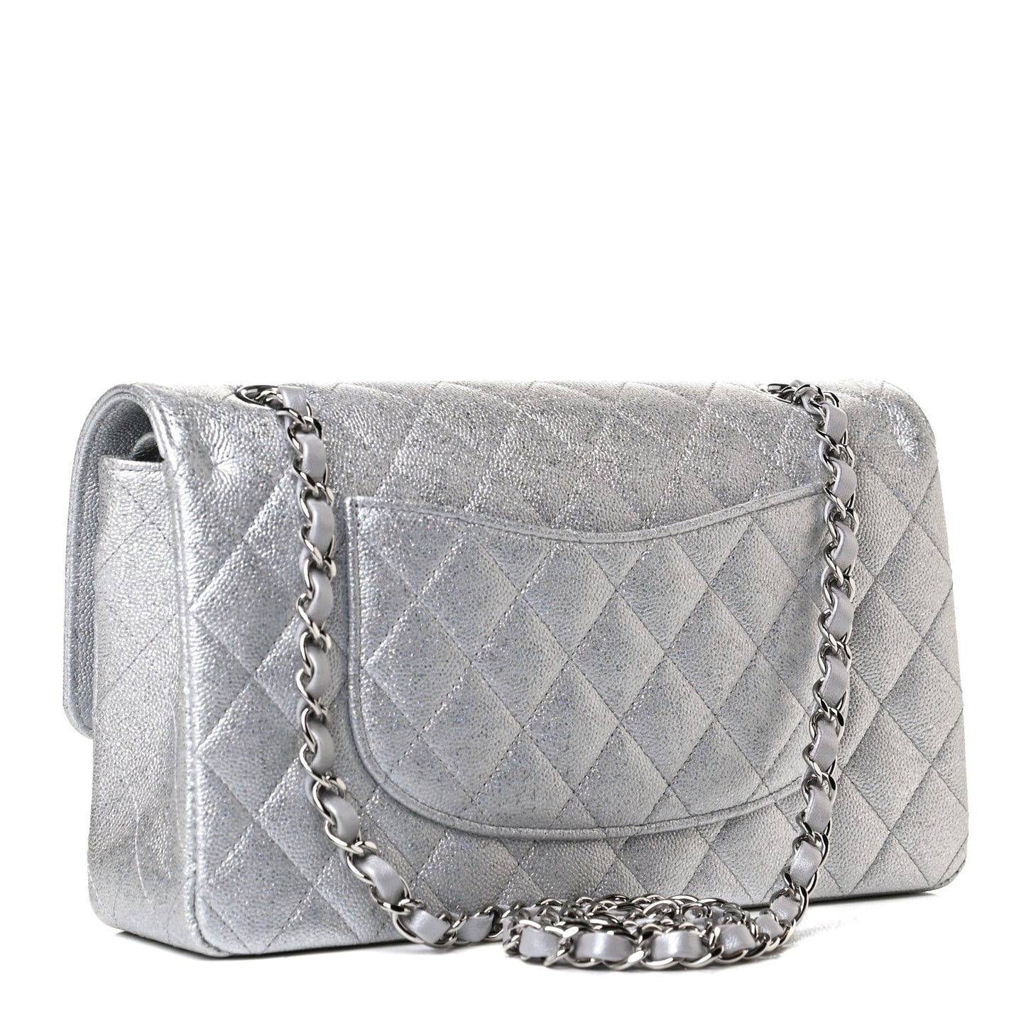 Glittered Metallic Caviar Quilted Medium Double Flap Silver