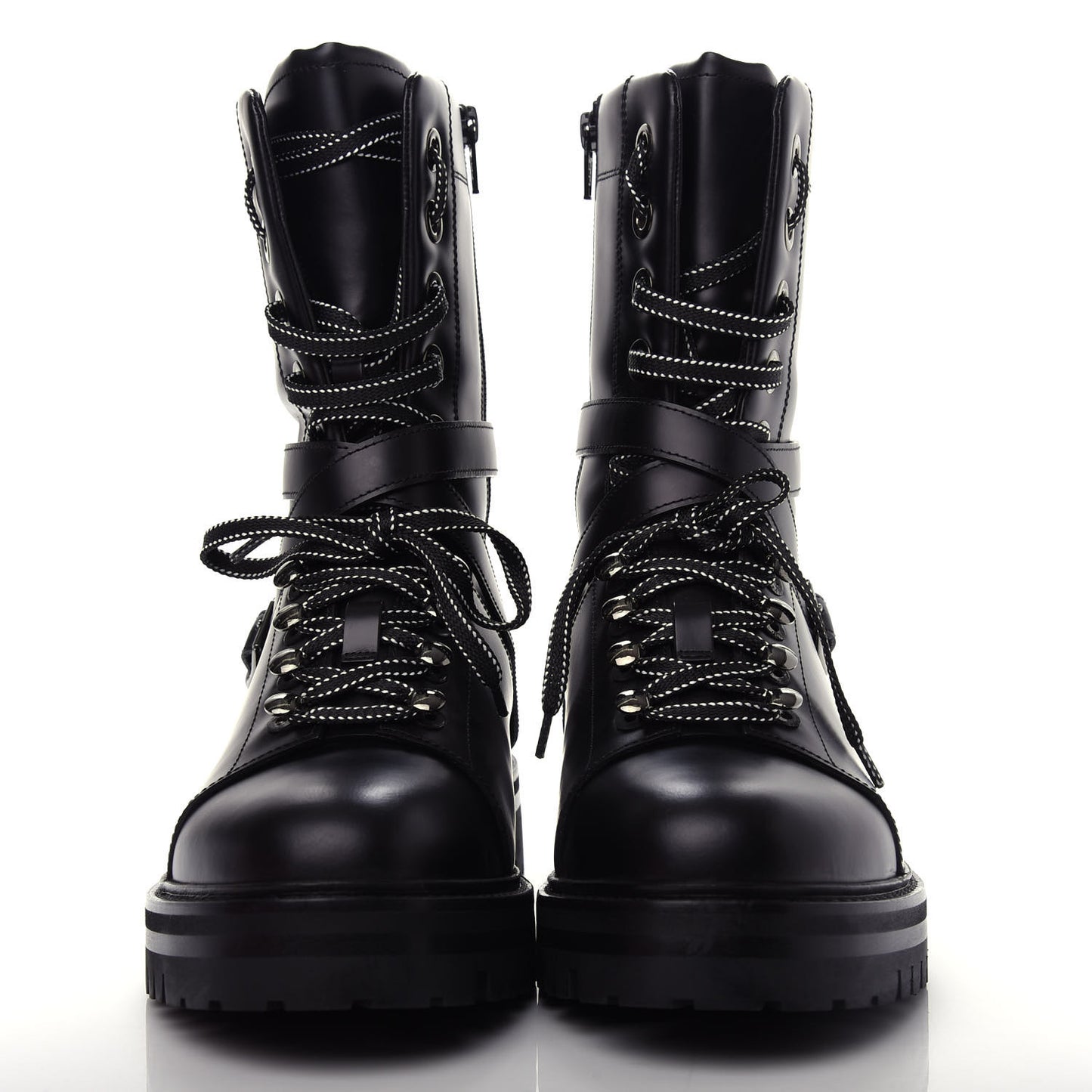 Smooth Calfskin Rockstud Buckled 25mm Combat Boots 40 Black