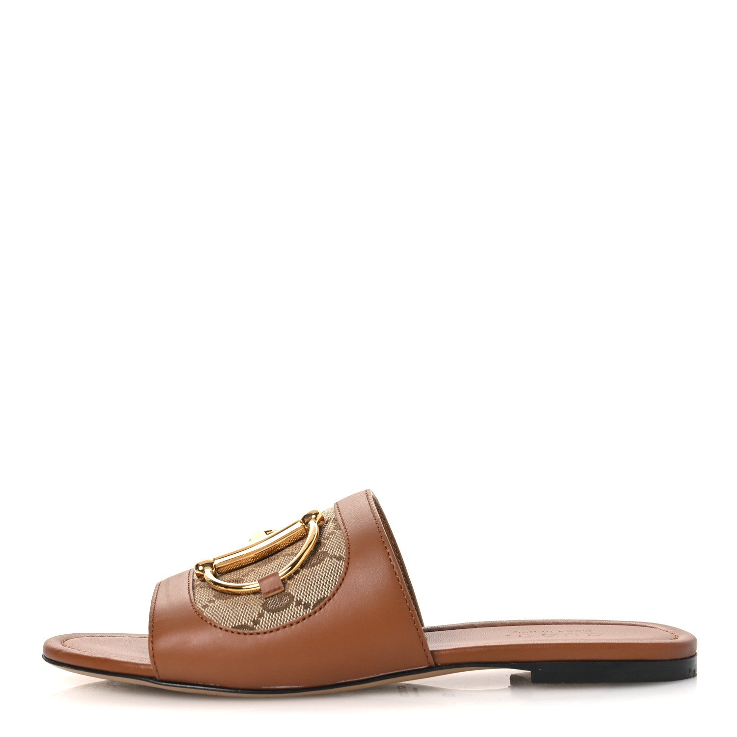 Gucci Calfskin Monogram Horsebit Womens Slide Sandals 37 Beige Ebony Sundial 1 of 12