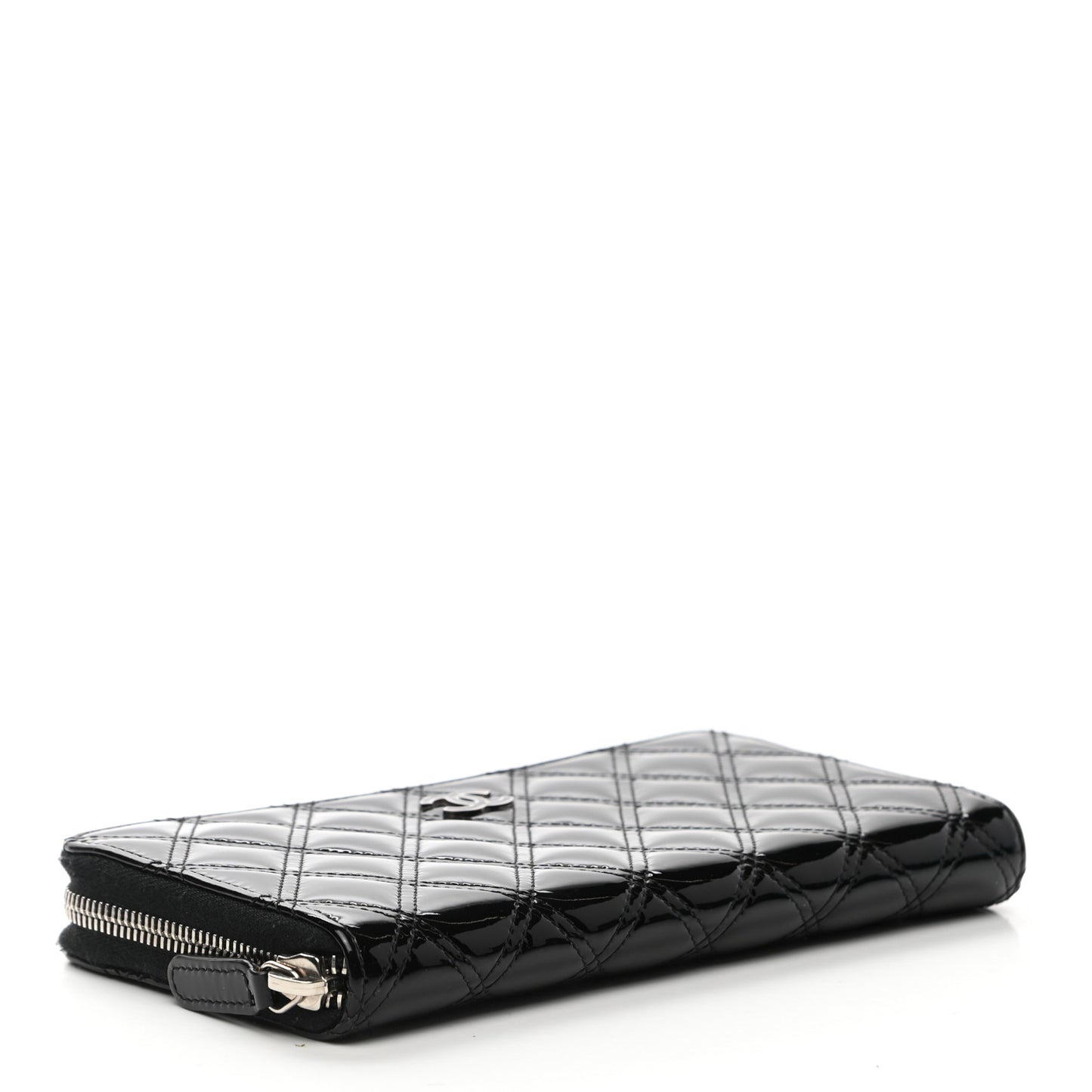 Patent Quilted Large Gusset Zip Around Wallet Black