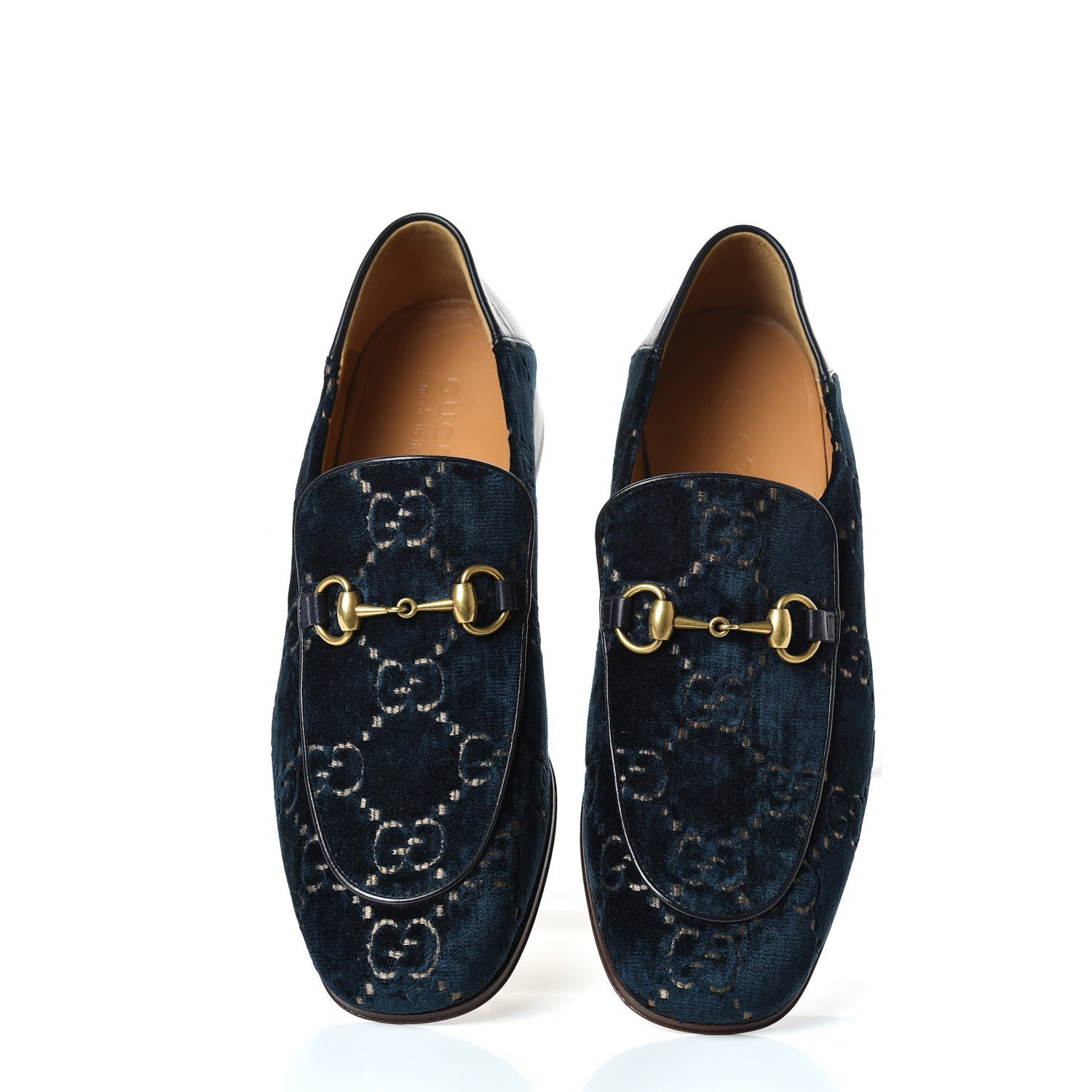 Gucci Velvet GG Monogram Goatskin Mens Horsebit Loafers 8 Blue Beige 5 of 11
