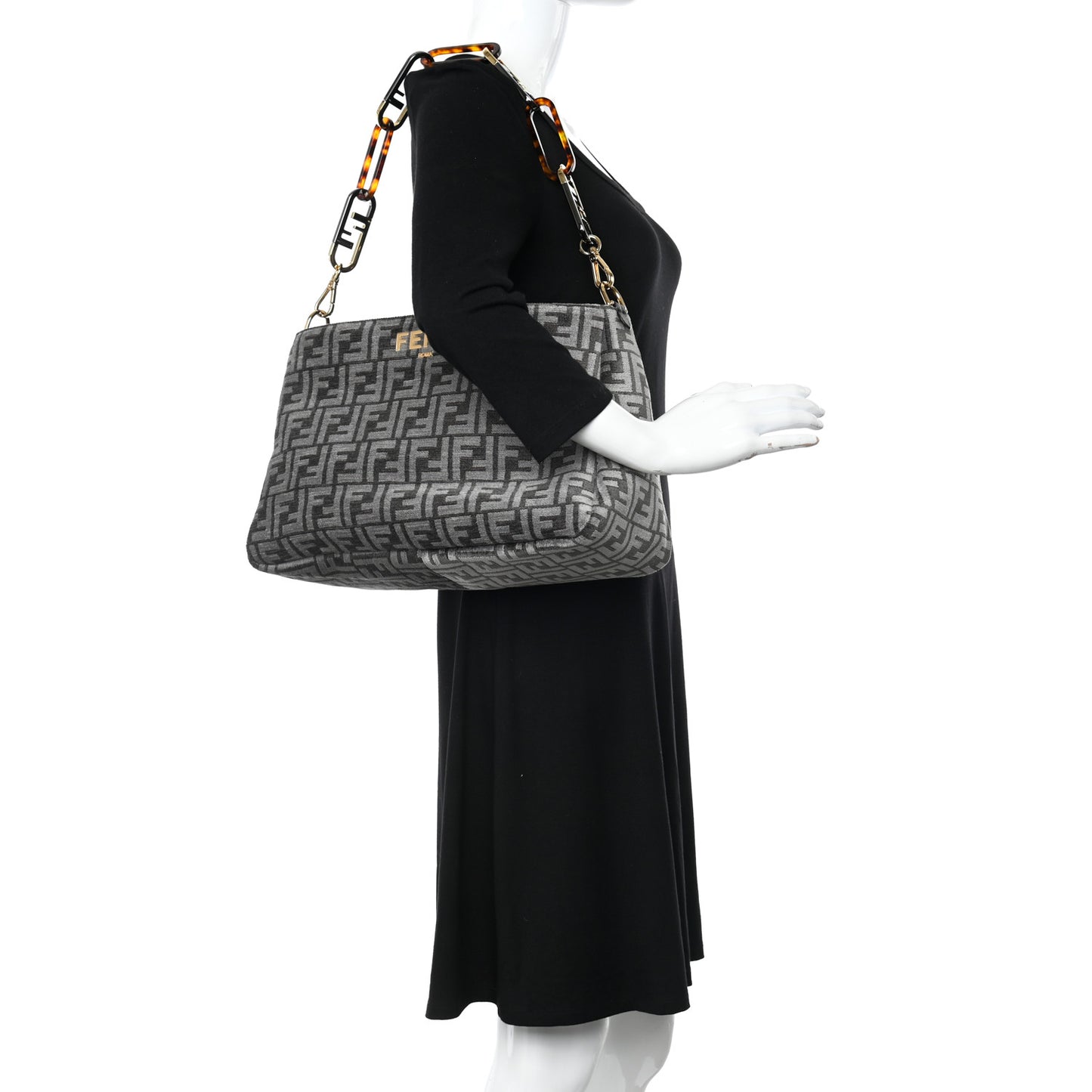 Chenille Vitello Seta Plexiglass FF Fendi O'Lock Zipper Anthracite Asfalto