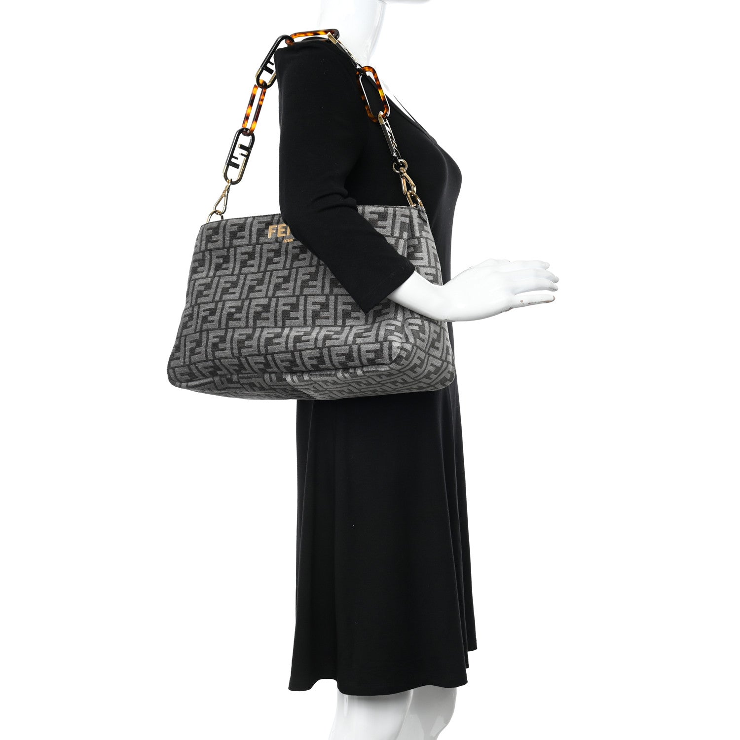 Fendi Chenille Vitello Seta Plexiglass FF Fendi O'Lock Zipper Anthracite Asfalto 2 of 10