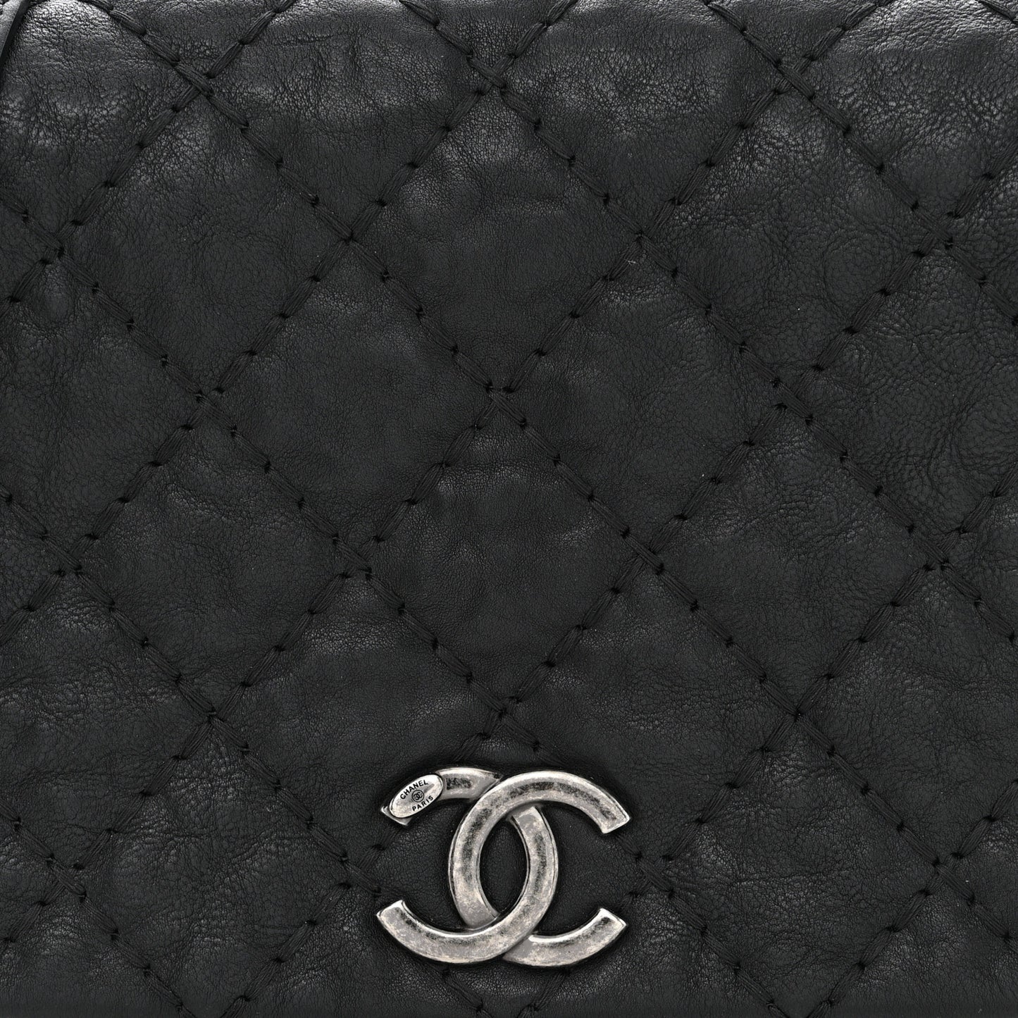 Calfskin Quilted Double Stitch Flap Black