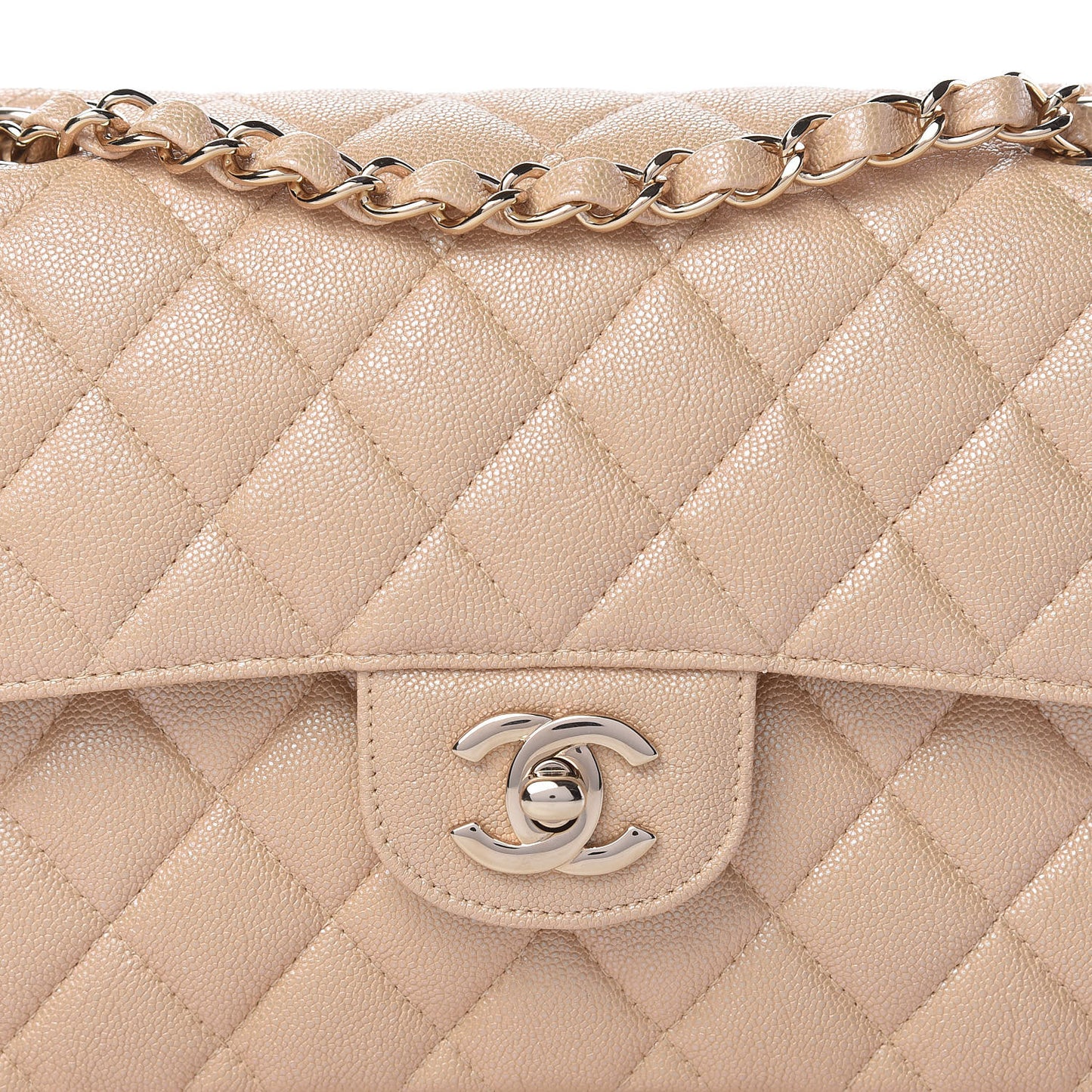 Iridescent Caviar Quilted Small Double Flap Beige