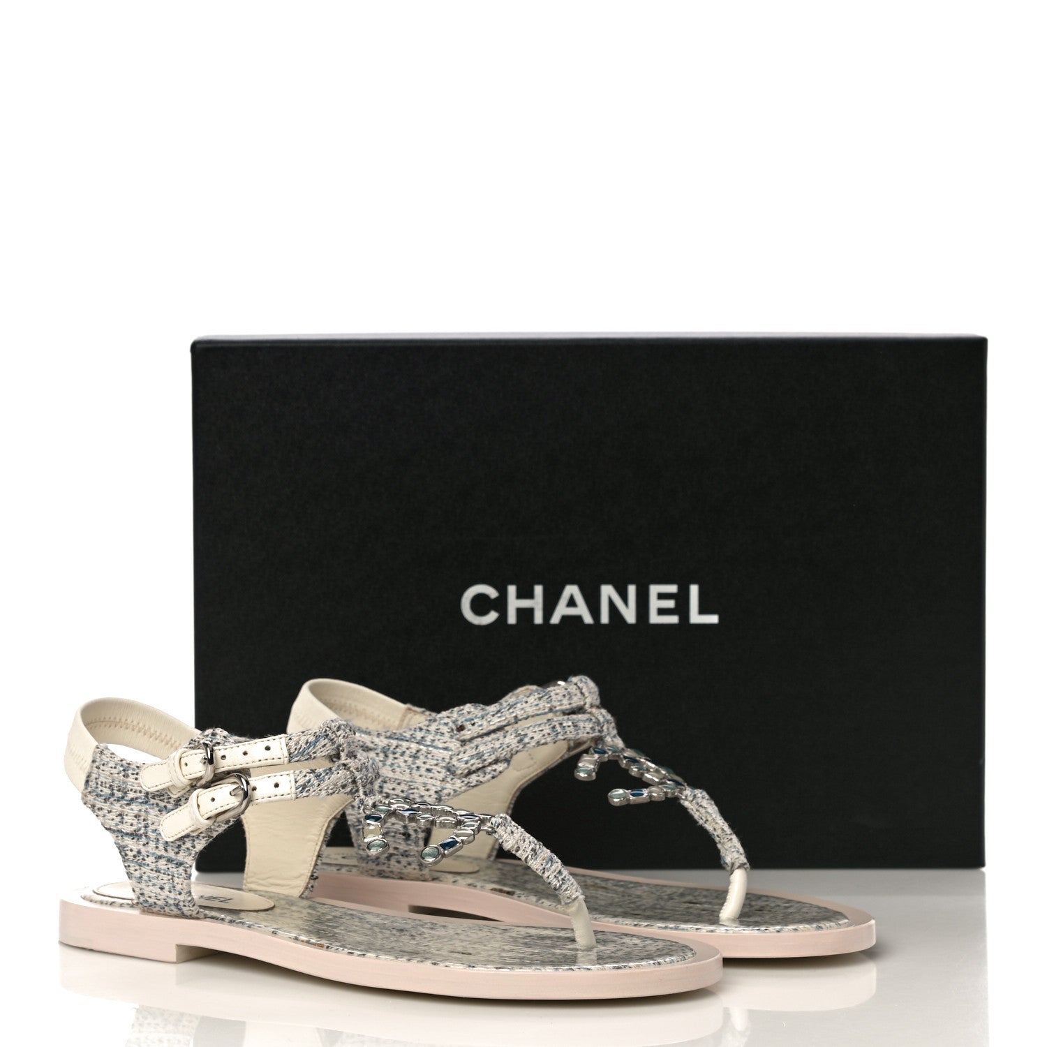 Chanel Tweed CC Thong Sandals 38 Ecru Blue Beige Grey 11 of 11