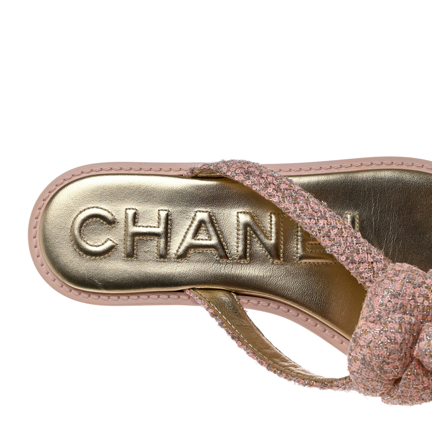 Tweed Camellia Thong Sandals 37.5 Salmon Apricot Gold