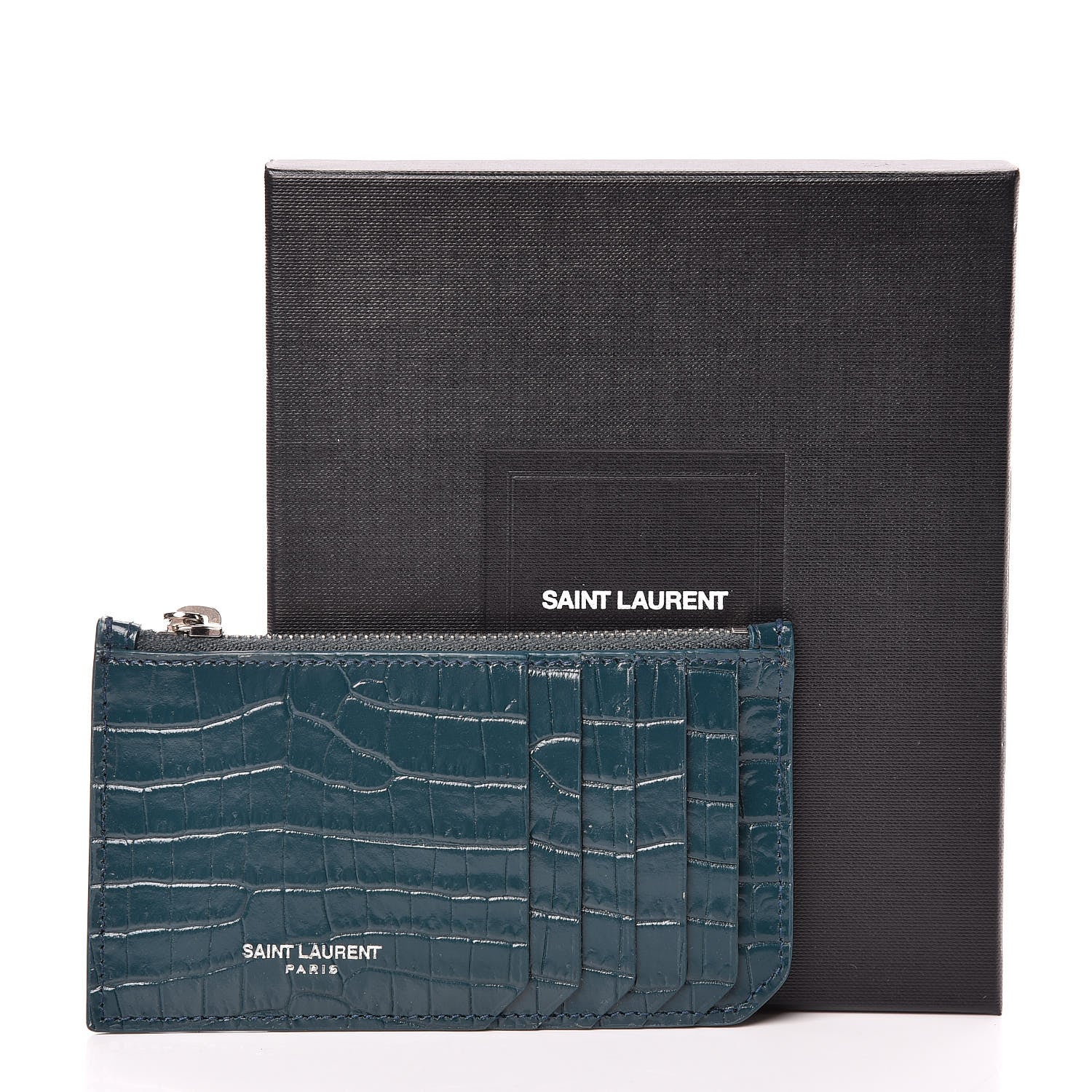 Saint Laurent Calfskin Crocodile Embossed 5 Fragments Zip Card Case Dark Turquoise 8 of 8
