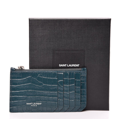 Saint Laurent Calfskin Crocodile Embossed 5 Fragments Zip Card Case Dark Turquoise 8 of 8