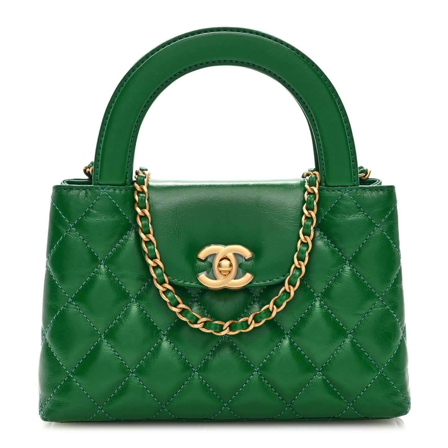Shiny Aged Calfskin Quilted Nano Kelly Shopper Green