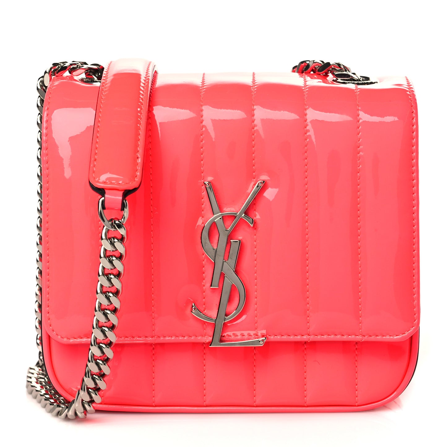 Patent Calfskin Matelasse Monogram Small Vicky Chain Bag Neon Pink