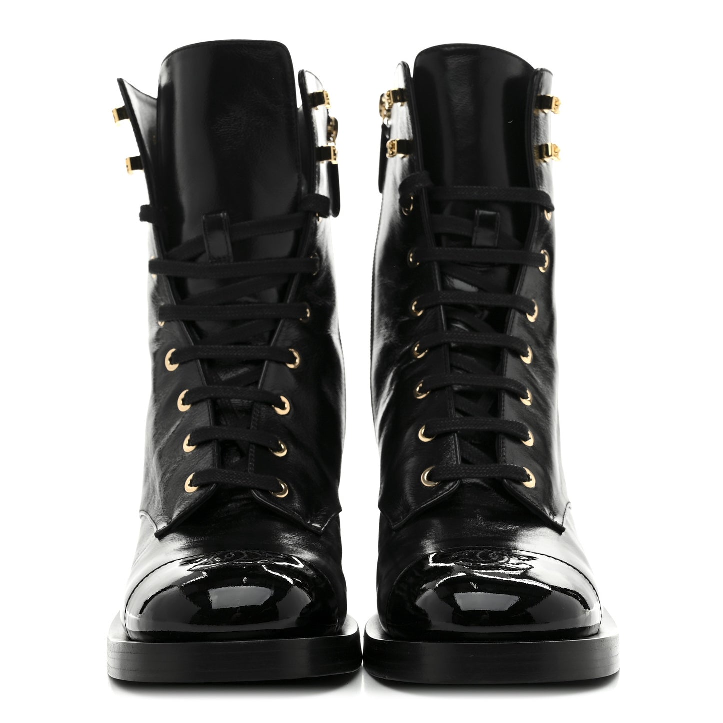 Shiny Calfskin Patent Cap Toe Lace Up Combat Boots 39 Black
