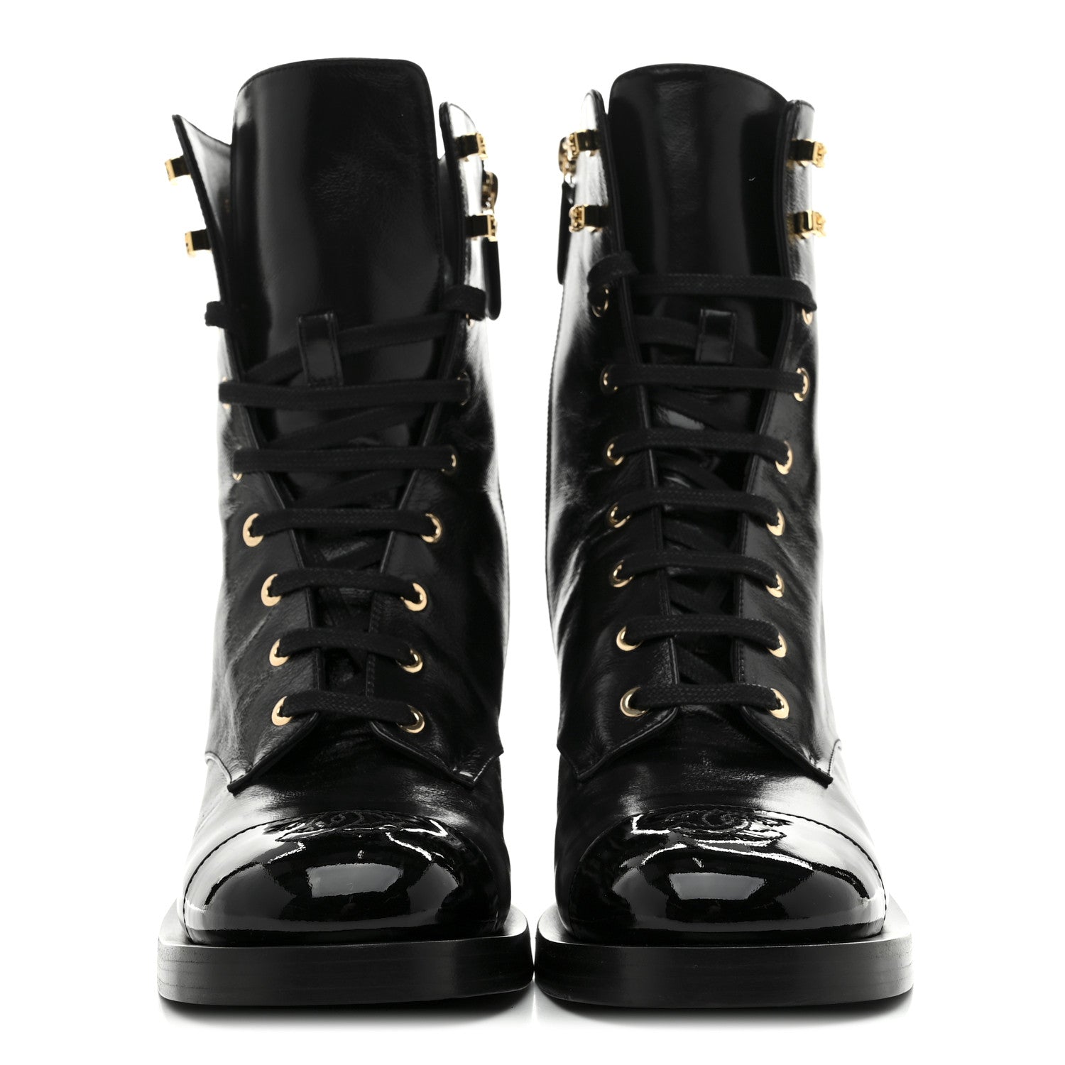 Chanel Shiny Calfskin Patent Cap Toe Lace Up Combat Boots 39 Black 3 of 9