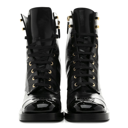 Chanel Shiny Calfskin Patent Cap Toe Lace Up Combat Boots 39 Black 3 of 9