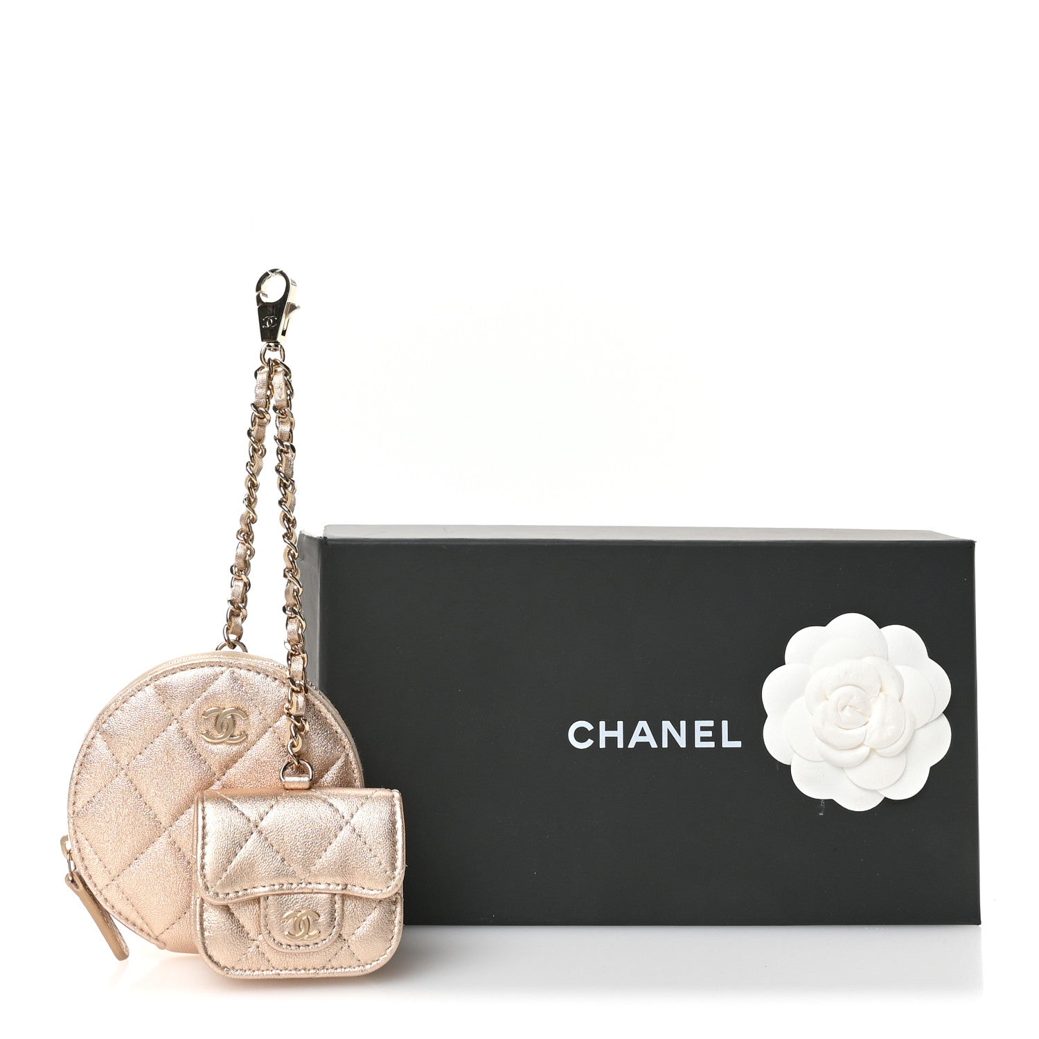 Chanel Metallic Lambskin Quilted Round Clip On Coin Purse Airpods Case Gold 10 of 10