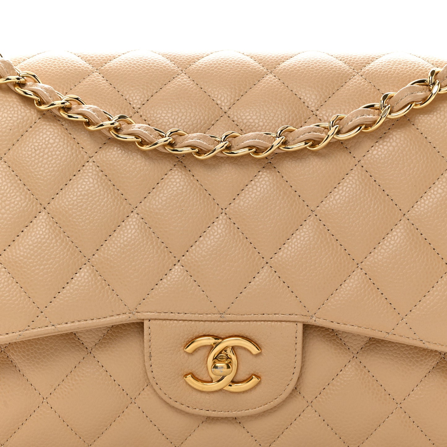 Caviar Quilted Jumbo Double Flap Light Beige
