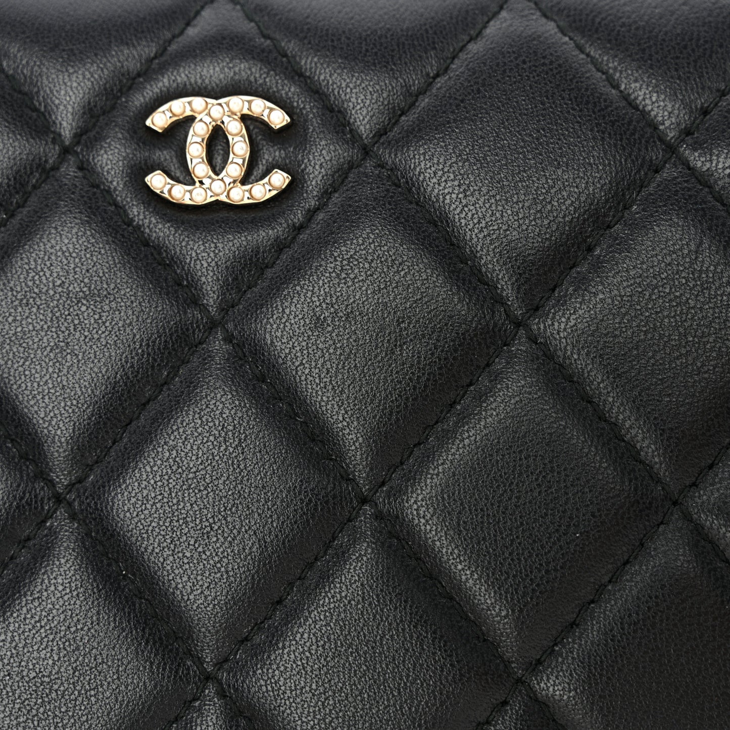 Lambskin Zip Around Large Gusset Wallet With Pearl Chain Black