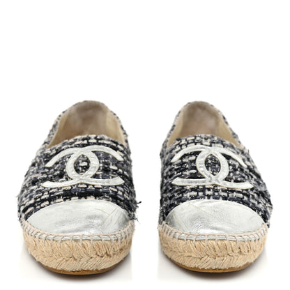 Chanel Metallic Tweed Lambskin CC Espadrilles 38 Black Silver 2 of 15