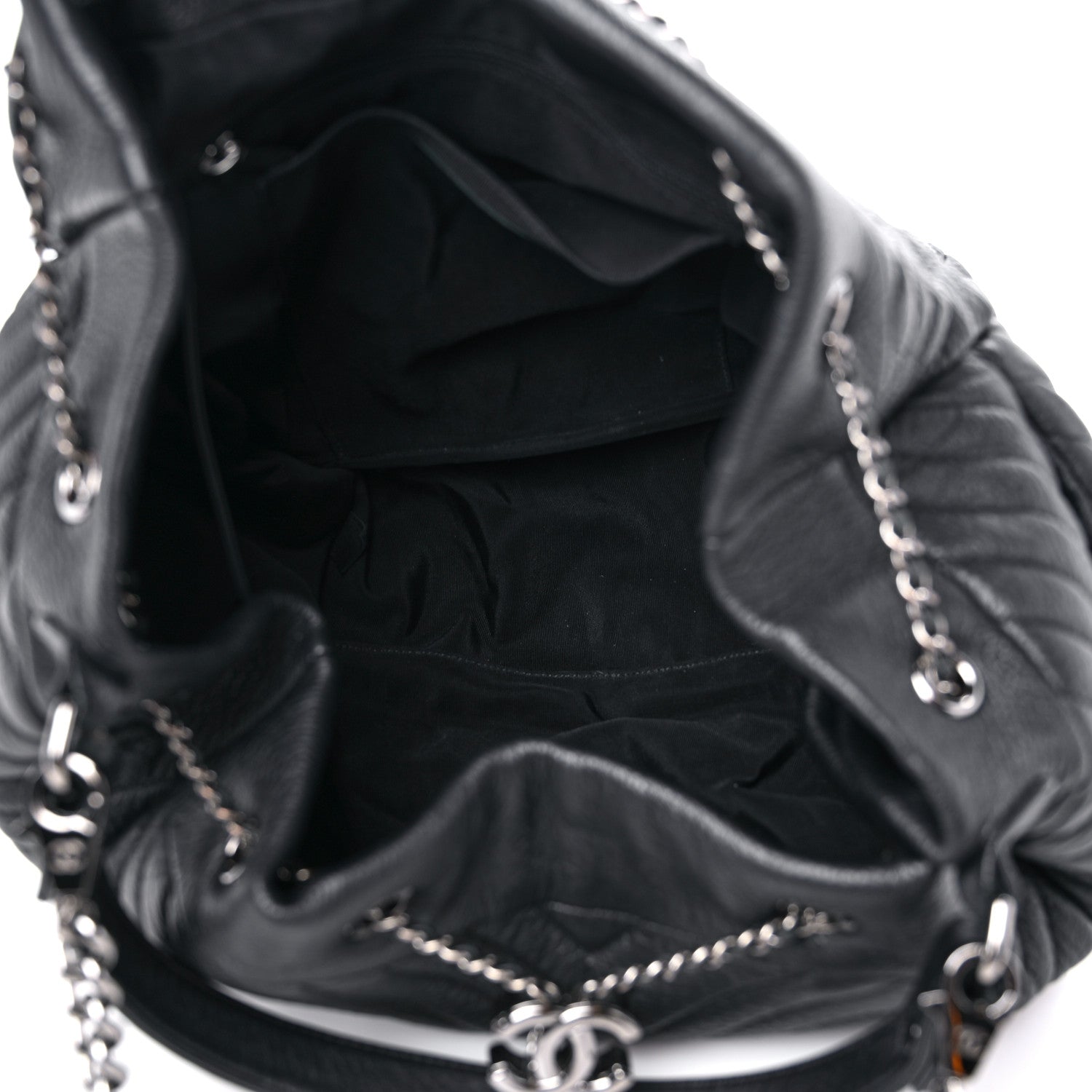 Chanel Deerskin Chevron Large CC Chain Bucket Drawstring Bag Black 5 of 11