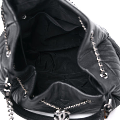 Chanel Deerskin Chevron Large CC Chain Bucket Drawstring Bag Black 5 of 11