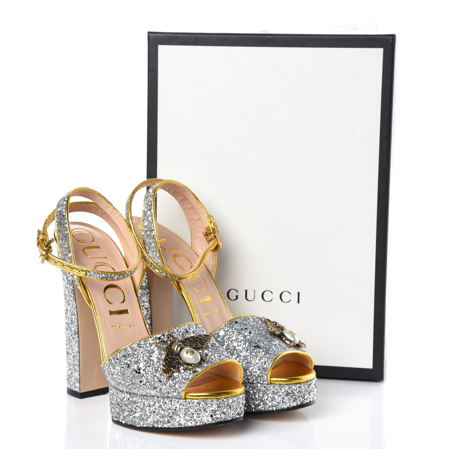 Gucci Glitter Soko Bee Platform High Heel Sandals 40 Argento Oro