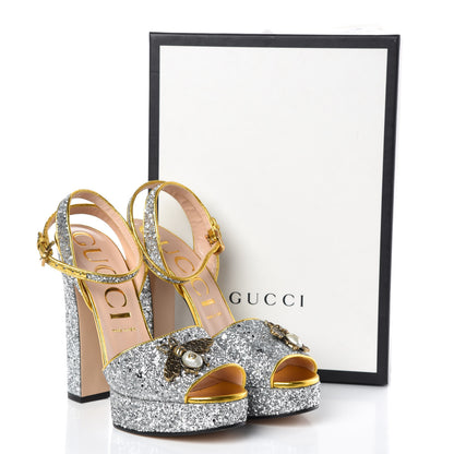 Gucci Glitter Soko Bee Platform High Heel Sandals 40 Argento Oro Vecchio 10 of 10