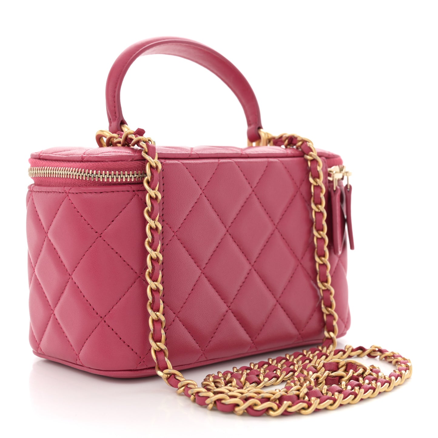 Lambskin Quilted Small Top Handle Vanity Case With Chain Dark Pink