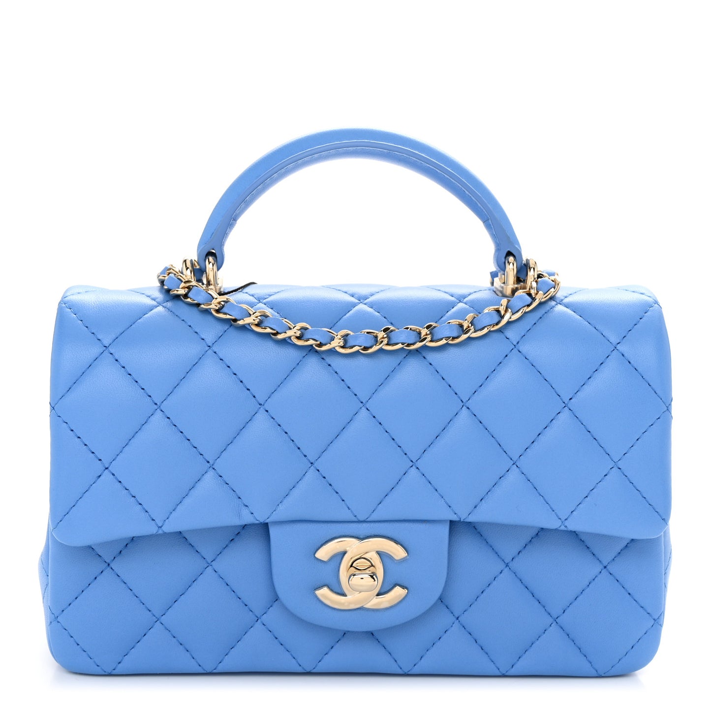 Lambskin Quilted Mini Top Handle Rectangular Flap Blue