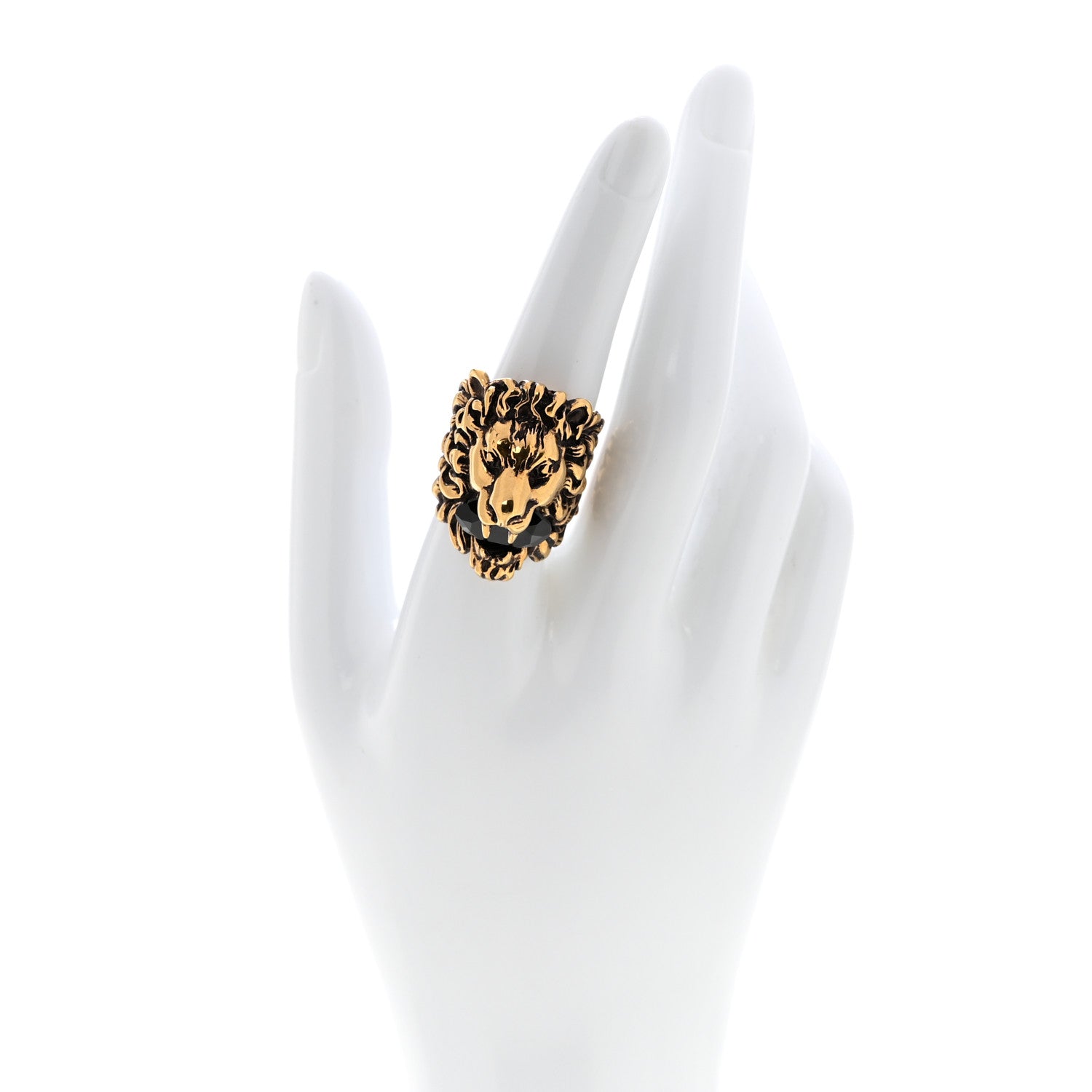 Gucci Metal Crystal Lion Head Ring 56 7.5 Black Aged Gold 2 of 6