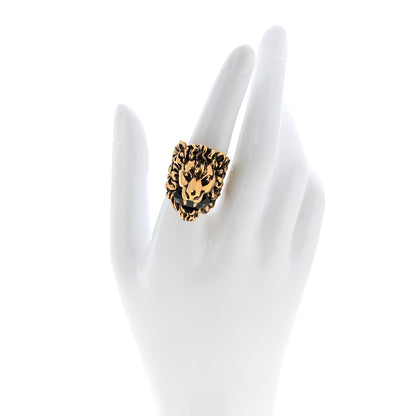 Gucci Metal Crystal Lion Head Ring 56 7.5 Black Aged Gold 2 of 6