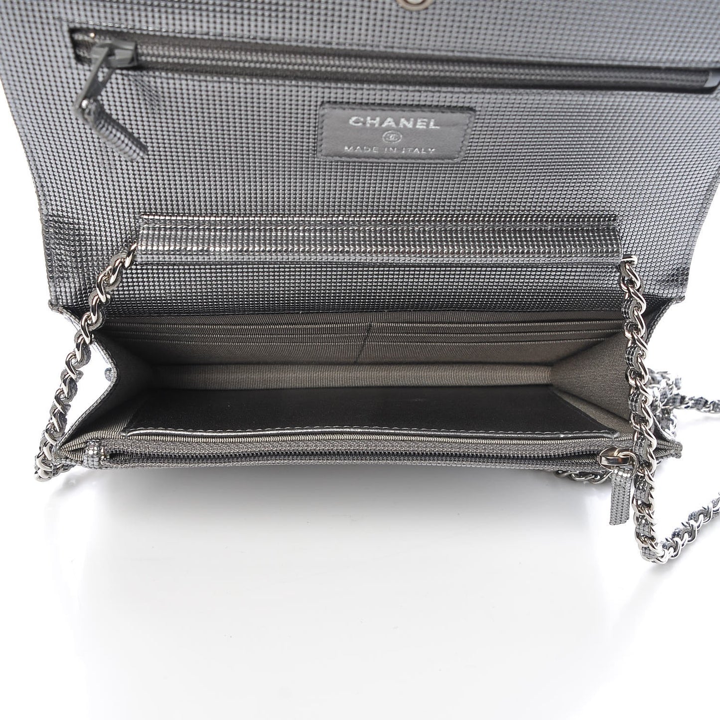Metallic Calfskin Quilted Pixel Effect Wallet on Chain WOC Silver