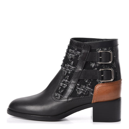 Chanel Tweed Lambskin Short Boots 38 Black Grey 1 of 11