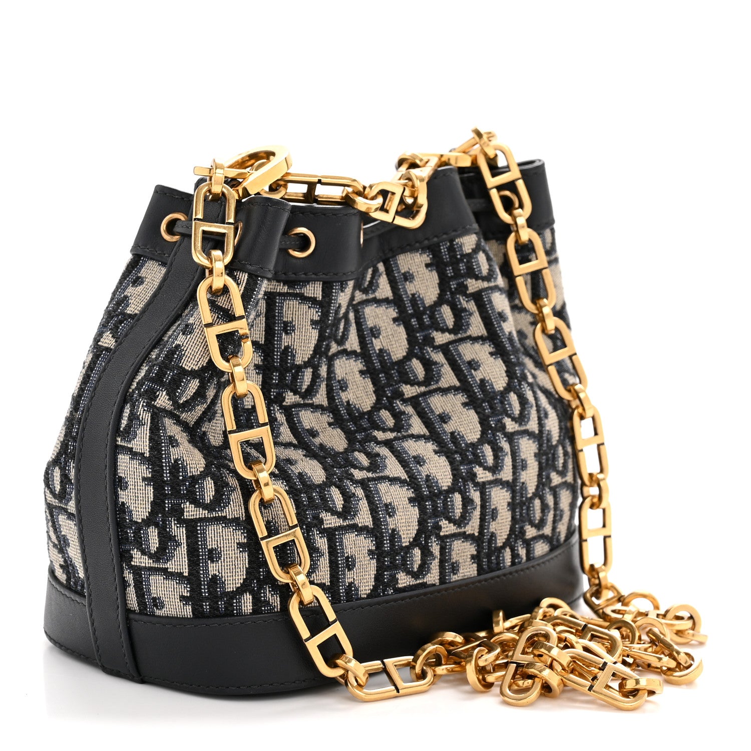 Christian Dior Oblique Drawstring Chain Bucket Bag Blue 3 of 11