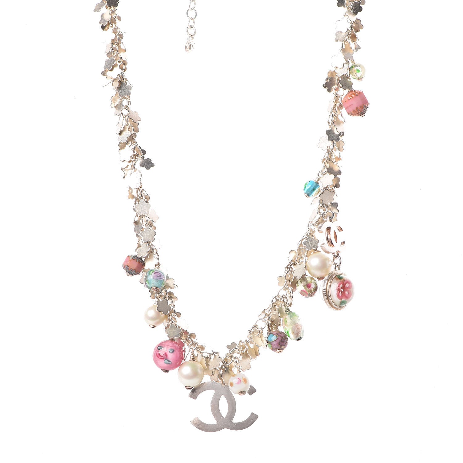 Chanel Pearl Enamel Bead CC Necklace Pink Silver 1 of 5