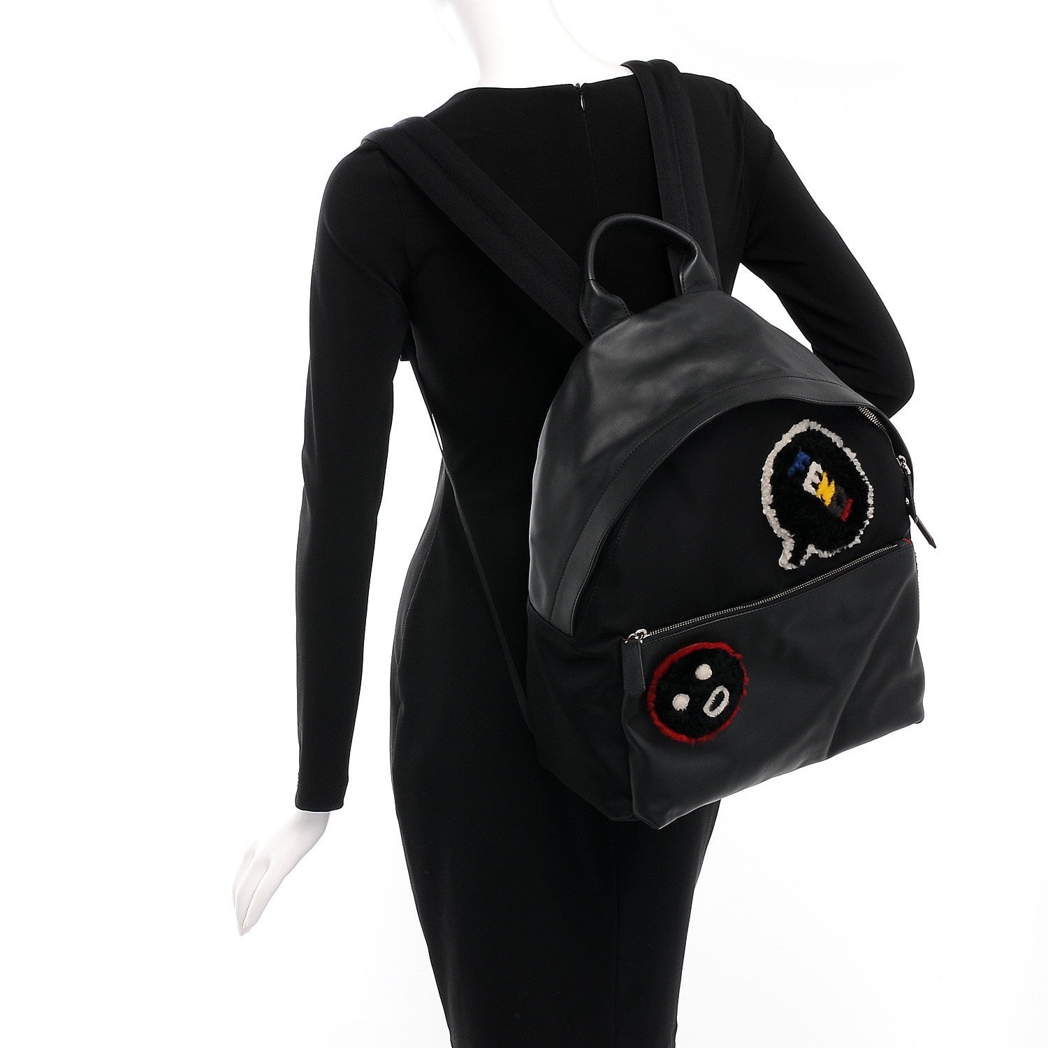 Fendi Nylon Calfskin Shearling Emoticon Backpack Black 2 of 8