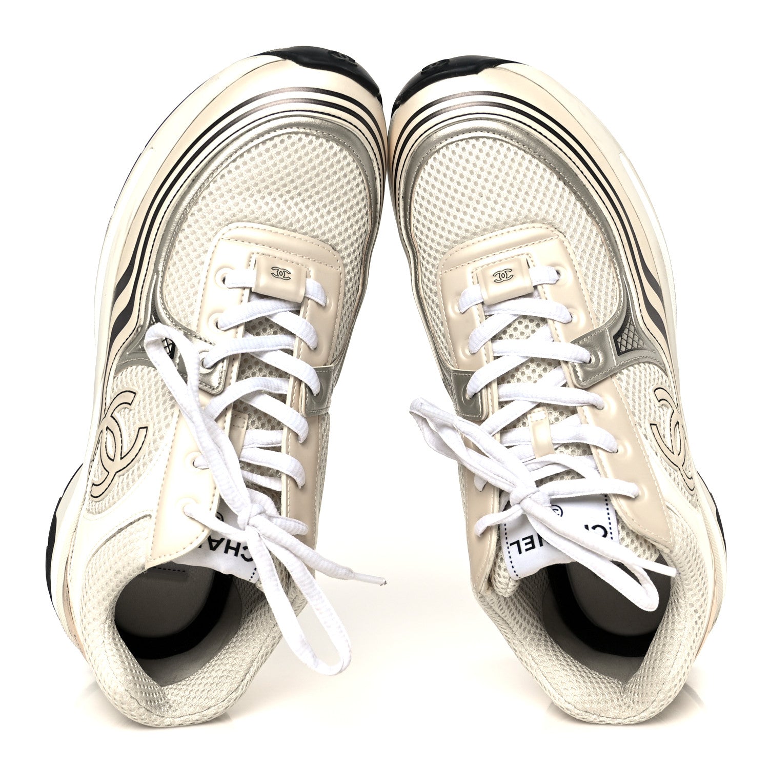 Chanel Fabric Laminated Calfskin Stretch CC Sneakers 40 Ivory Gold Silver 2 of 10