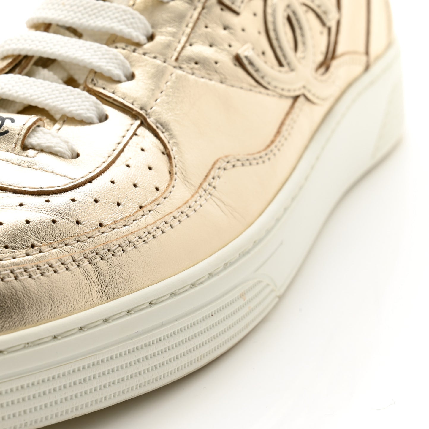Laminated Calfskin CC Womens Sneakers 38 Golden