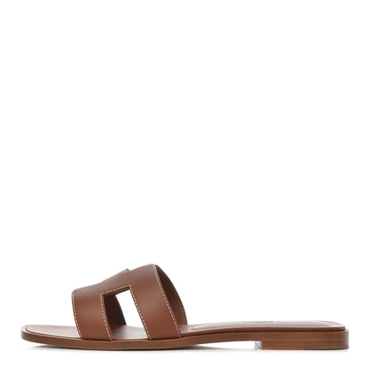 Hermes Box Calfskin Oran Sandals 37.5 Gold 1 of 13