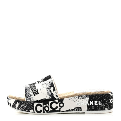 Chanel Fabric Grosgrain Printed CC Espadrille Slip On Sandals 36 Black White 1 of 11