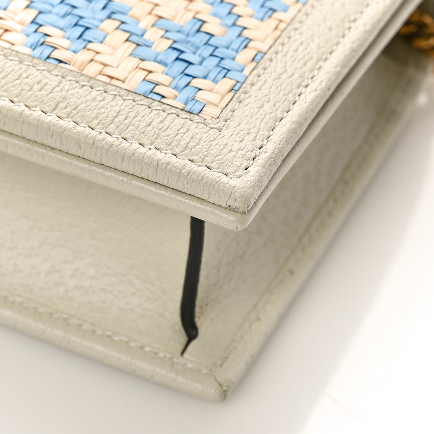 Polished Raffia Textured Dollar Calfskin Houndstooth Mini Diana Chain Bag Natural Light Blue Mystic White
