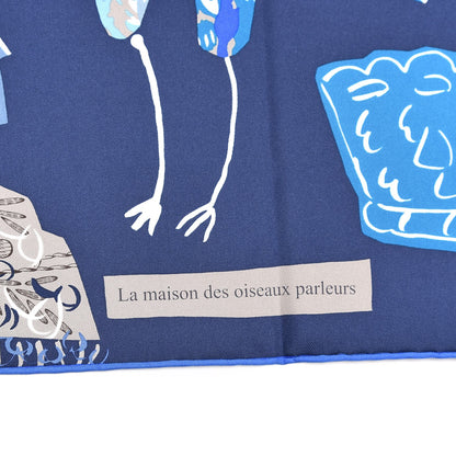 Hermes Silk La Maizeon Des Oiseaux Parleurs Scarf 90 Marine Canard Beige 4 of 8
